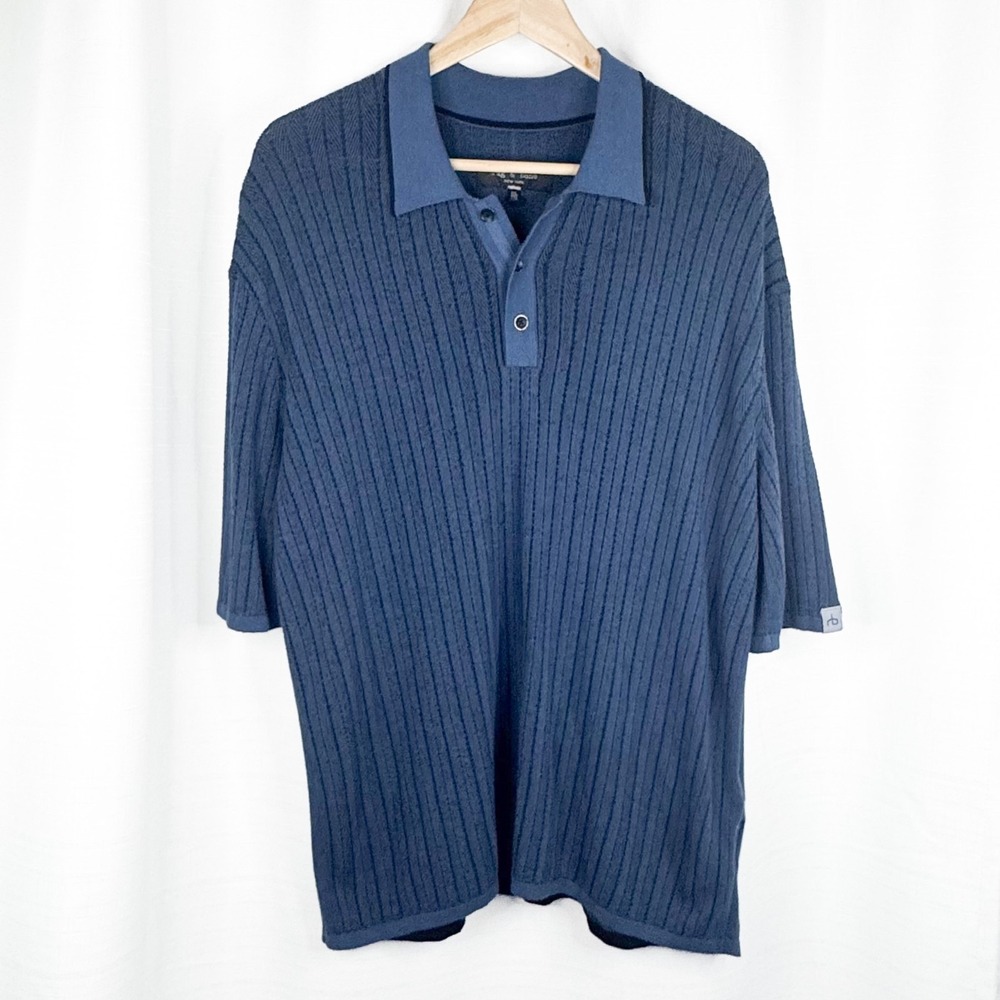 Rag & Bone Harvey Knit Polo Mens XXL Blue Herringbone Cotton Viscose $288 EUC